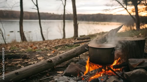 A metal pot sits on a roaring campfire. boiling water as flames lick up around it. nestled among fallen leaves and scattered logs in a tranquil outdoor area