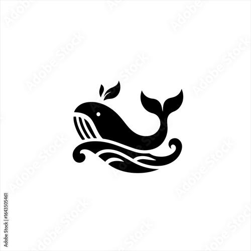 Stylized black whale breaching through stylized waves with leaves on its head