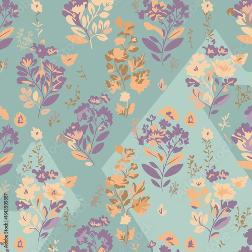 Wallpaper Mural Floral print design with muted colors and geometric shapes. Delicate flower and leaf patterns in light peach, mauve, and muted greens on a pale teal background. Torontodigital.ca