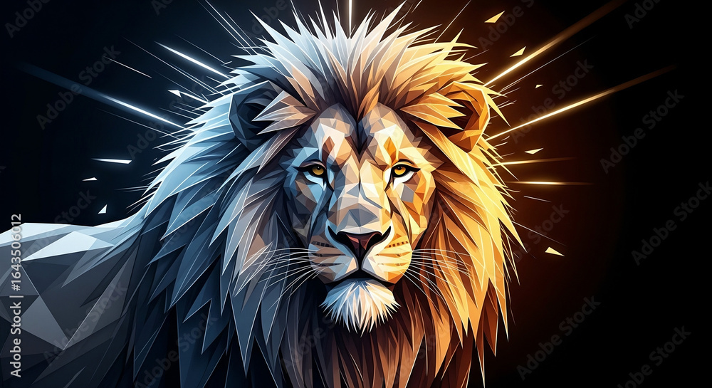 Fototapeta premium Polygonal lion with dramatic lighting on dark background 