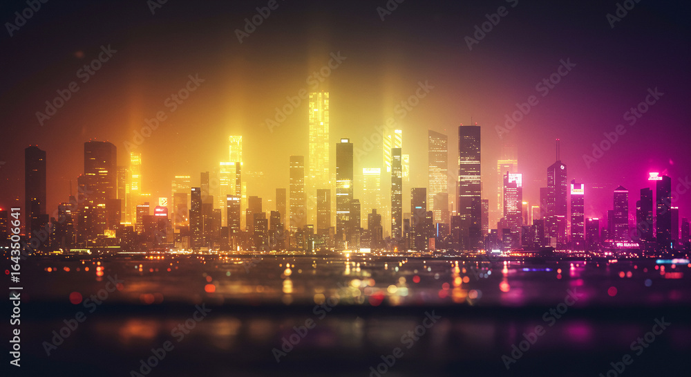 Obraz premium City skyline illuminated at night with colorful lights and reflections 