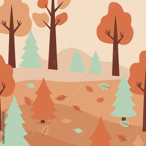 Autumnal forest landscape with stylized trees and fallen leaves. Flat design featuring a peaceful scene of a hillside forest in autumn. Autumnal scene of a nature lover.