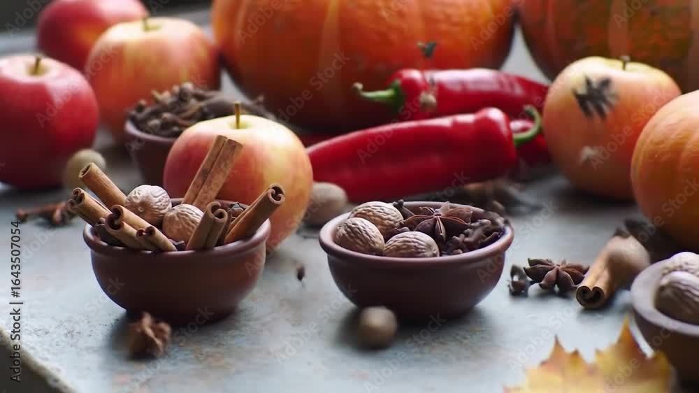 Autumnal harvest still life with pumpkins, apples, and a mix of aromatic spices like cinnamon and nutmeg on a rustic table. Autumnal harvest still life with pumpkins, apples, and a mix of aromatic spices like cinnamon and nutmeg on a rustic table.