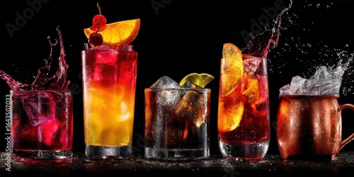 The colorful array of refreshing cocktails with ice and garnishes.