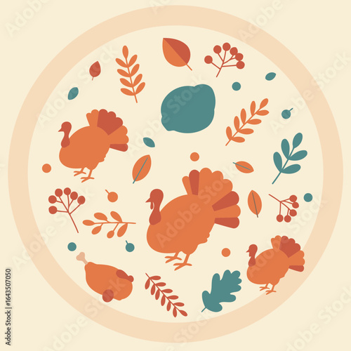 Thanksgiving themed illustration of turkeys and autumnal elements arranged in a circular pattern on a cream background.