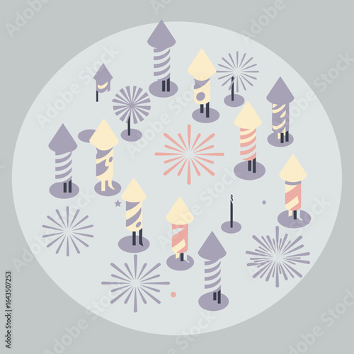 Colorful firework display with various pastel-colored rockets and fireworks. Circular pattern on a light gray background.