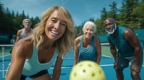 The joy of active aging is captured as a multi-ethnic group of men and women play pickleball together on an outdoor court.