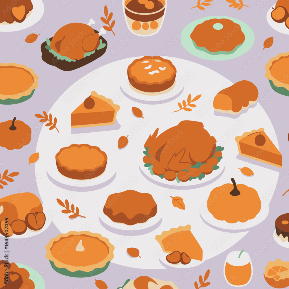 Thanksgiving feast displayed on a table with various dishes, including roasted turkey, pies, and pastries. Colorful array of autumnal foods arranged on plates in a round table setting. Thanksgiving feast displayed on a table with various dishes, including roasted turkey, pies, and pastries. Colorful array of autumnal foods arranged on plates in a round table setting.