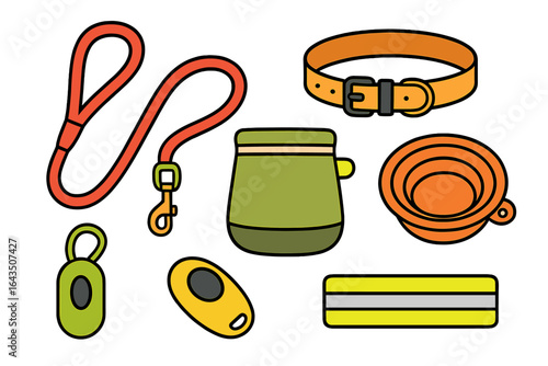 Dog walking essentials including leash, collar, bowl, and training clicker for pet owners