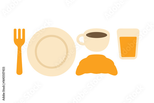 Breakfast table setting with coffee, juice, croissant, and plate ready for a morning meal