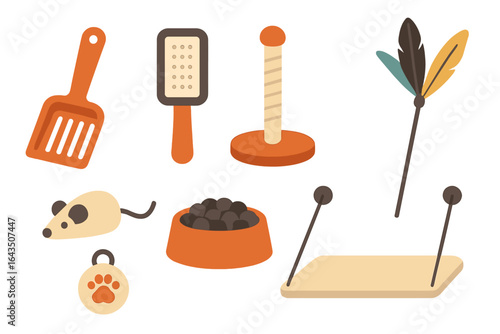 Colorful cat toys and accessories arranged on a flat surface for playful feline entertainment and care