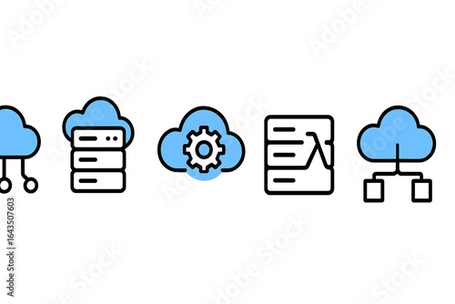Cloud computing icons representing various aspects of technology and data management in a digital environment