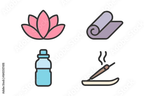 Explore relaxation techniques with lotus symbols, yoga mats, water bottles, and incense sticks for mindfulness practice
