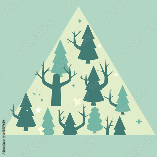 Silhouette of winter forest trees in a triangular shape, featuring stylized, graphic elements. Simple, geometric design with muted color palette in a wintery forest landscape.
