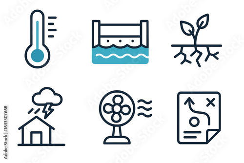 Illustrations of environmental elements: temperature, water, growth, storms, air circulation, and planning strategies