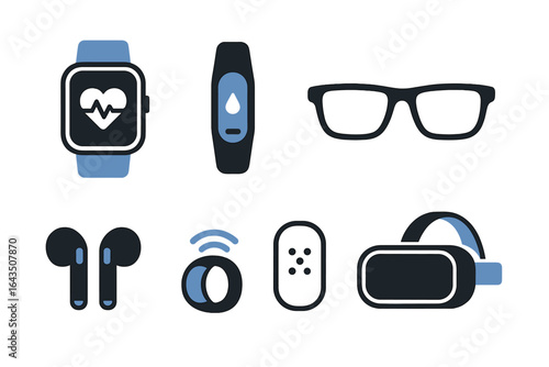 Digital gadgets featuring smartwatches, fitness trackers, headphones, and virtual reality glasses on a plain background