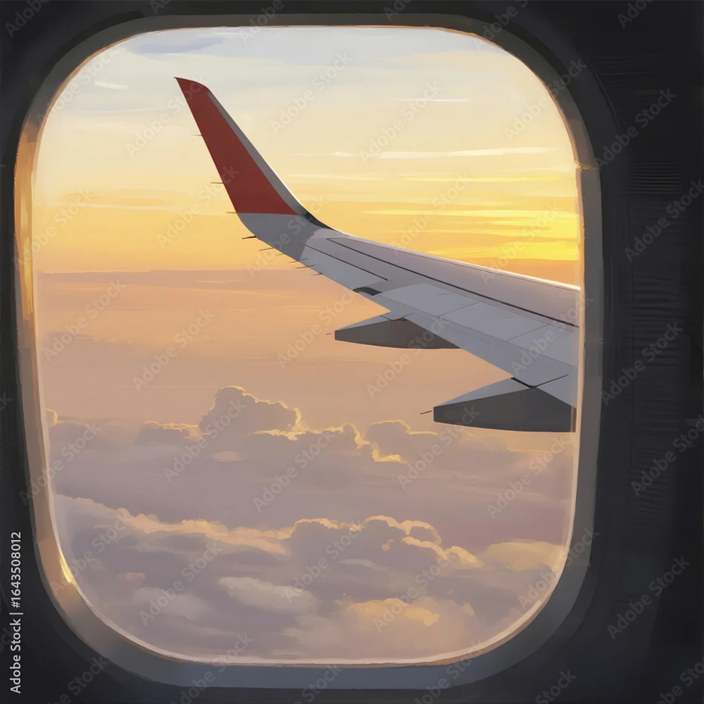Obraz premium Airplane Window View Illustration with Sunset Sky and Clouds