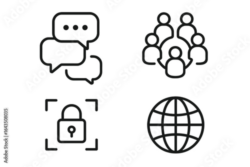 Communication icons representing interaction, security, and global connectivity in a digital landscape