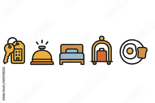 Hospitality symbols representing check-in, accommodation, luggage service, and breakfast service at a hotel establishment
