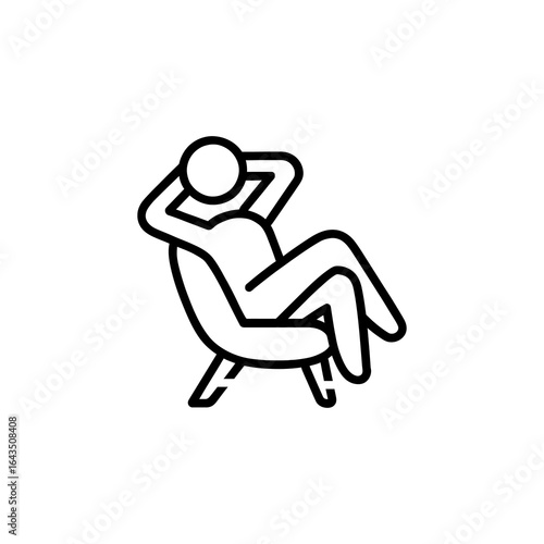 Relaxing icon stick figure lounging comfortably in a reclined chair symbolizing pure relaxation bliss.