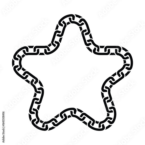 Minimalist black chain star frame with geometric rectangular links looping continuously. Isolated on white, bold contrast. Symbolizes strength and order, clean vector illustration.
