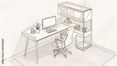 Minimalist Home Office Workspace with Modern Desk and Chair Sketch Illustration