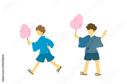 綿菓子を持つ甚兵衛を着た少年たちのイラスト