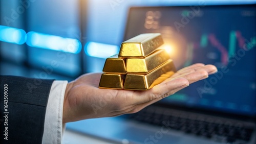 Investment action hand holding gold bars financial office close-up shot professional environment wealth concept