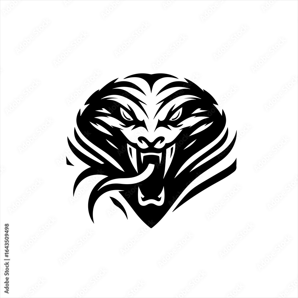 Fototapeta premium Aggressive black tiger head emblem with open mouth and fangs