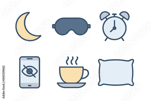 Sleep essentials for a restful night featuring moon, sleep mask, alarm clock, smartphone, coffee cup, and pillow