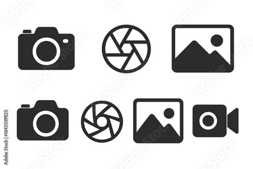 Vector icons representing photography and videography concepts with various camera designs and symbols