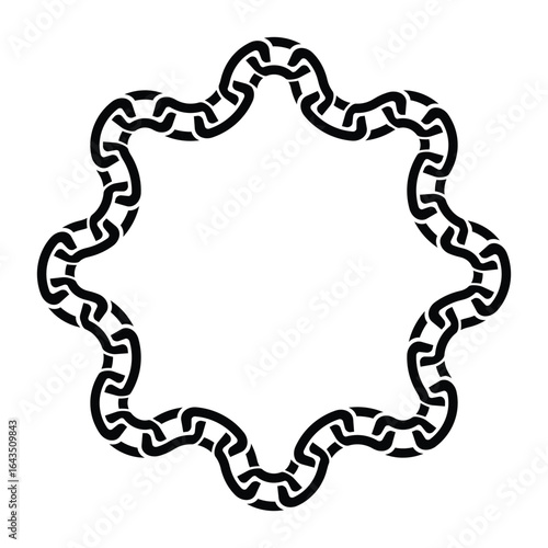 Minimalist black chain star frame with geometric rectangular links looping continuously. Isolated on white, bold contrast. Symbolizes strength and order, clean vector illustration.