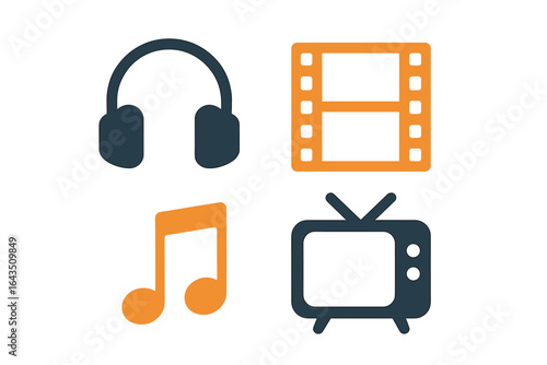 Icons representing music, audio, video, and television entertainment in a modern style