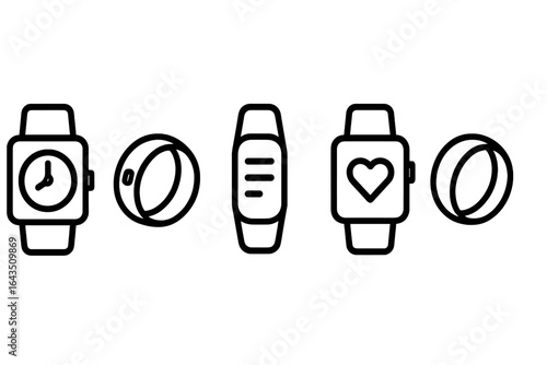 Various designs of smartwatches and fitness trackers showcasing unique features and styles in a minimalist layout