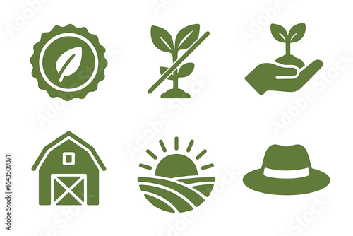 Eco-friendly farming symbols representing sustainability and agriculture practices in a rural setting