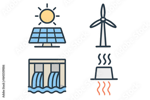 Renewable energy symbols with solar, wind, hydro, and geothermal sources illustrated in a modern style