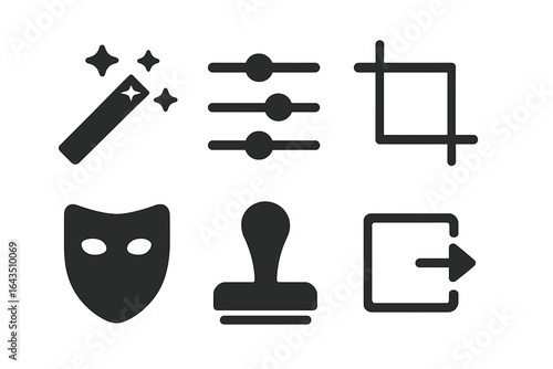 Graphic icons representing various editing tools and features for enhancing digital content