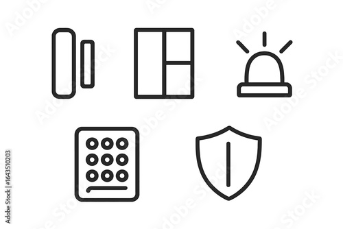 Security system components and features arranged on a clean surface for home safety solutions and monitoring
