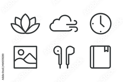 Minimalist icons representing nature, weather, time, and leisure activities in a clean design layout