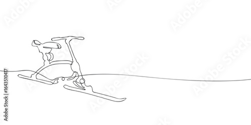 Minimalist line drawing of a skibob with saddle seat and handlebar mounted on skis. Winter sport equipment sketch. Recreation and alpine snow activity concept.