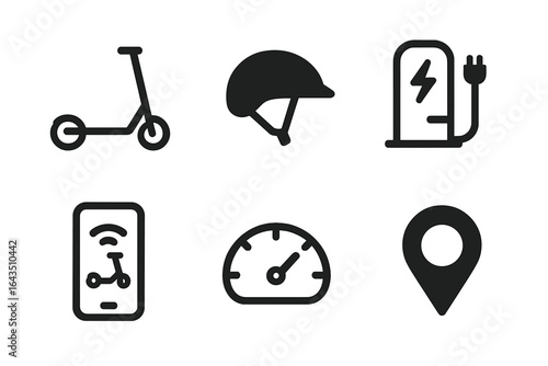 Modern transportation icons showcasing electric scooters, helmets, charging stations, and smartphone navigation features
