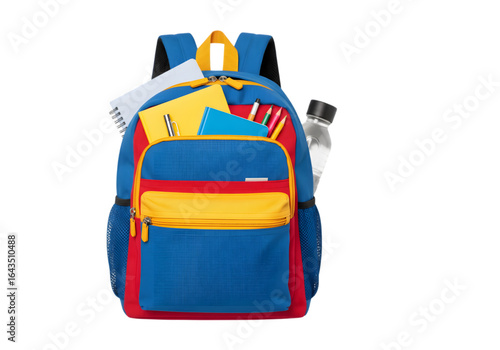 Blue Yellow and Red School Backpack PNG on Transparent Background
