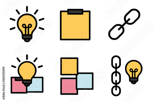 Creative icons representing brainstorming, ideas, and collaboration in a simple design