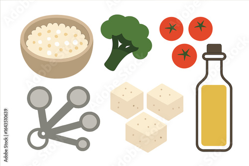 Delicious healthy ingredients arranged for a nutritious meal preparation featuring broccoli, tomatoes, tofu, and oil