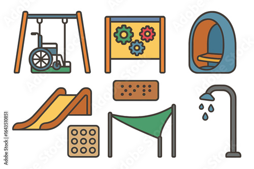 Equipment for inclusive play areas featuring wheelchair swing, gear wall, slide, and play structures designed for children of all abilities