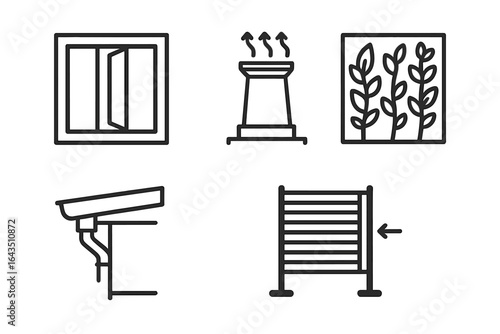 Various home improvement elements including window, chimney, plant, and rack options for renovation projects