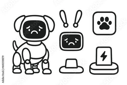 Robot dog design with sad expressions and symbolic icons showing emotions and interactions in a minimalistic style