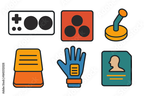 Colorful gaming icons illustrate retro controller, joystick, gloves, and data card in a creative layout