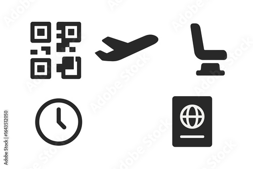 Travel essentials for a smooth journey including QR code, airplane, passport, seat, and clock