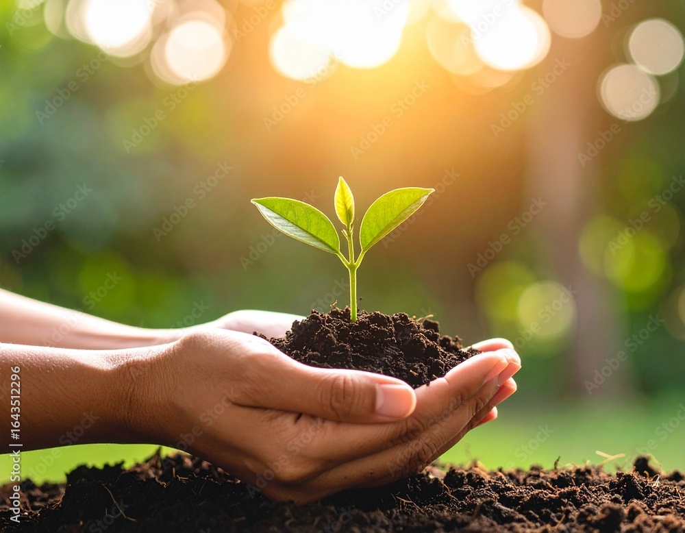 Close-up of human hands gently holding dark fertile soil with a small green sprout Close-up of human hands gently holding dark fertile soil with a small green sprout